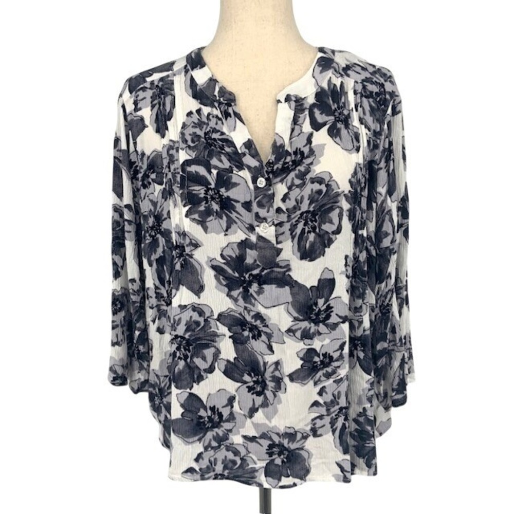 Boho Floral Blouse 2X Black White Flowy Peasant Top 3/4 Sleeve Cottagecore